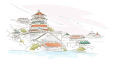 手绘中国古代建筑山水中的塔寺庙图片